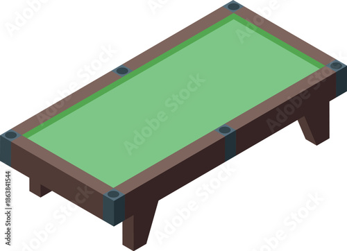 Isometric view of a billiard table with a green surface and wooden frame, ideal for game or leisure concepts