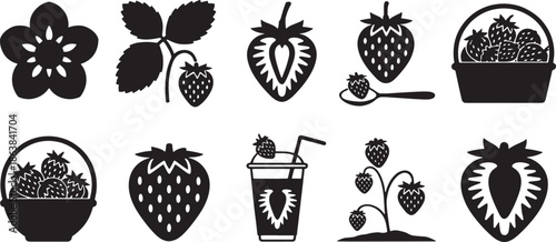 Black silhouette icons of strawberries fruit flower basket drink and plant strawberry
