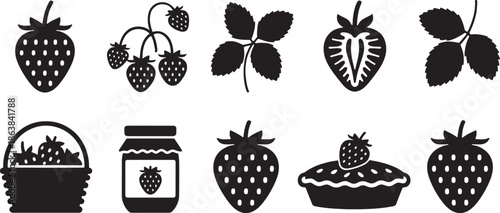 Black silhouette icons of strawberries fruit pie jam basket and leaves on white strawberry black and white