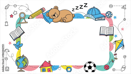 Cute teddy bear sleeping on colorful educational frame