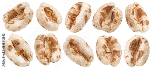 Obraz na płótnie Puffed wheat isolated on white background, cereal breakfast grains, full depth o