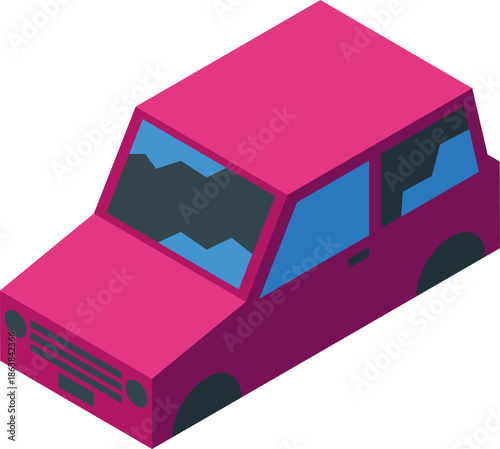 Isometric icon representing an abandoned pink car with broken windows, symbolizing vandalism or an accident