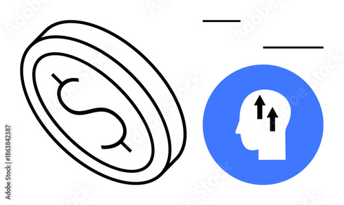 Financial growth concept. Coin with dollar sign and head with upward arrows innovation, economic progress, and financial growth. Ideal for finance, investing, business planning, and fintech-related