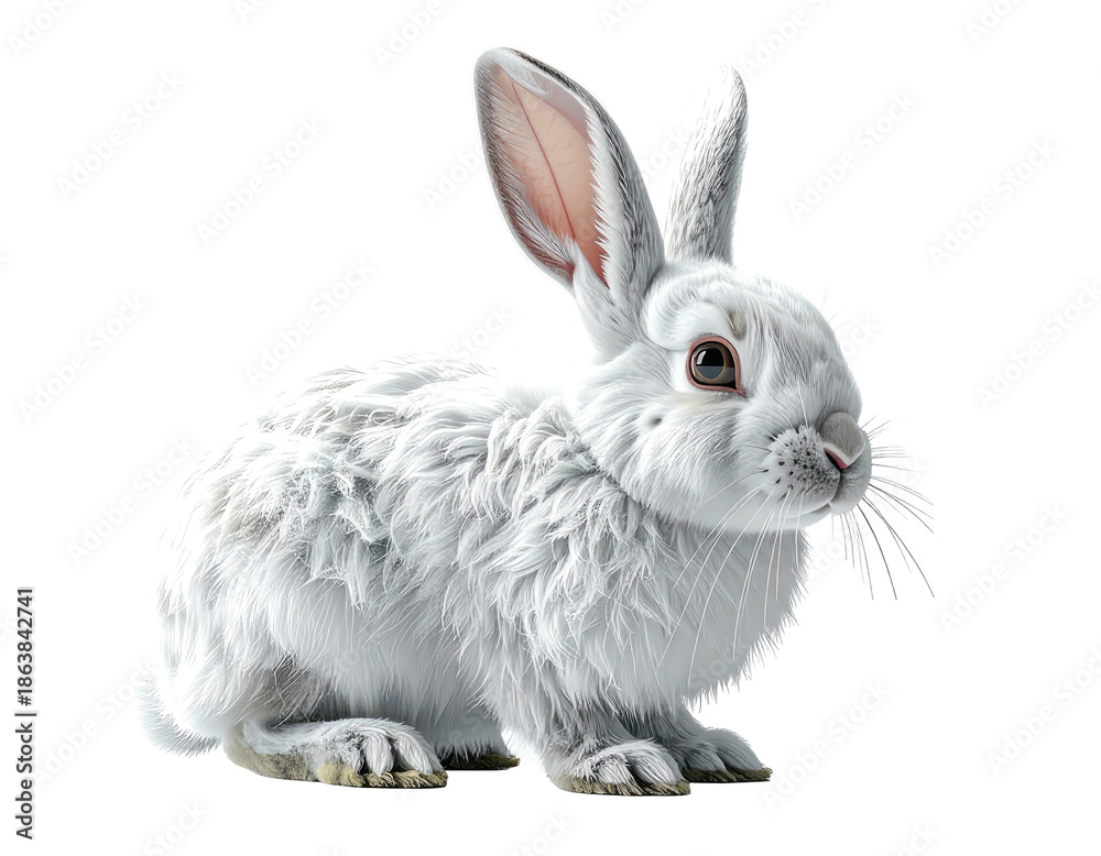 Fototapeta premium Fluffy white rabbit with pink-lined ears against a black backdrop