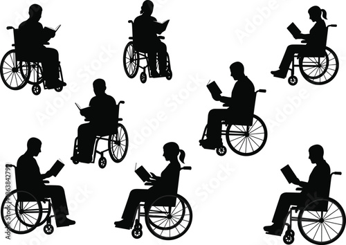 Silhouette, wheelchair, reading, inclusion, accessibility, education, disability, books, intellectual activity, diversity, learning, support, black and white, empowerment, knowledge, mobility, 