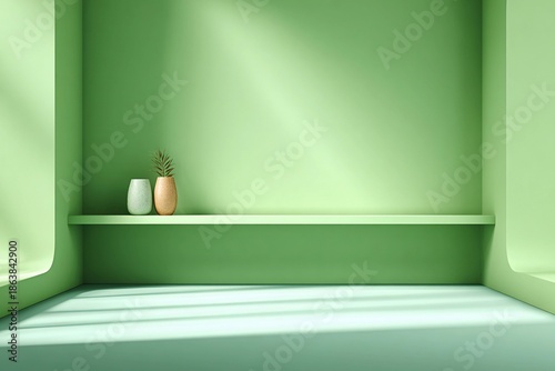Display of Modern Decor Featuring Minimalist Pots on a Green Shelf Generative AI