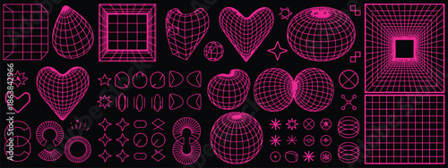 geometry wireframe shapes and grids in neon pink 3d hearts abstract background y2k 00s retro futuristic aesthetic digital art vector illustration