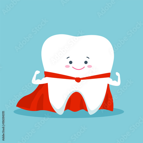 Happy superhero healthy tooth funny character in flat design vector illustration.