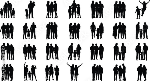 Silhouettes of people, family groups, emotional interaction, black figures, posture diversity, couples, children, walking, jumping, standing, gesture, bonding, urban life, expressive moment, human 