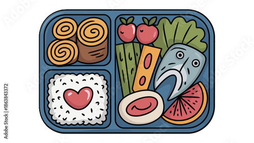 Delightful Bento Box: A colorful assortment of healthy and appealing foods, neatly arranged in a classic bento box, ready to tantalize the taste buds and energize the day.