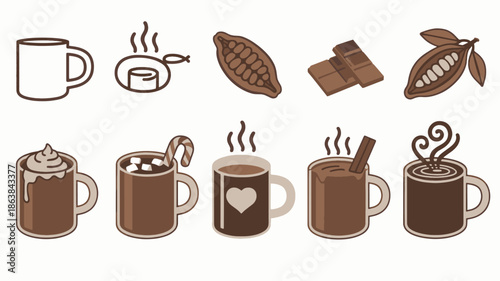 Collection of hot chocolate mugs cocoa beans chocolate bars and steam vector