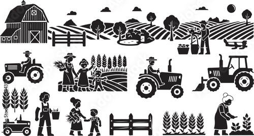 Farm Life and Agriculture in Black and White Silhouette