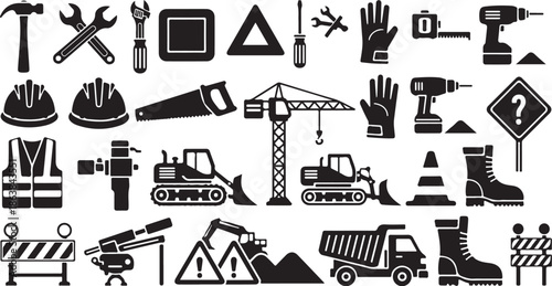 Construction site icons and symbols in black and white