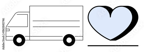 Logistics, charity, delivery services, customer care, business branding, express shipping. Minimalistic truck illustration next to heart graphic. Shipping and charity concepts