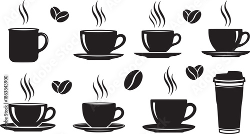 Coffee Cups and Beans Icon Set in Black White