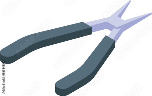 Isometric view of needle nose pliers, ideal for electronics repair, jewelry making, or other delicate tasks requiring precision