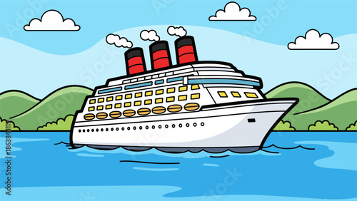 Cruise Ship Cartoon Illustration Sailing on the Sea. Travel, vacation, tourism, maritime transportation, and leisure activities.