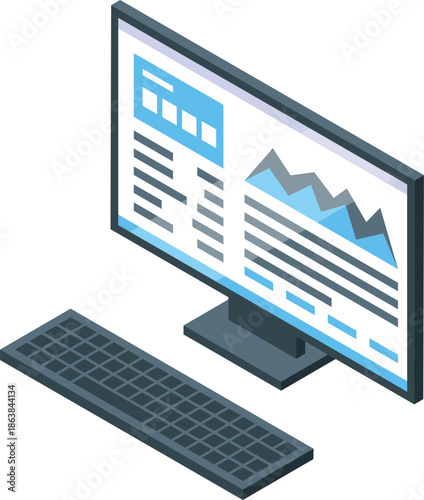 Desktop computer displaying statistics charts and keyboard, useful for data analysis and business presentations