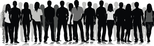 Silhouettes of people, standing crowd, black and gray figures, casual posture, group diversity, arms crossed, hands in pockets, urban scene, depth layering, social interaction, emotional moment,
