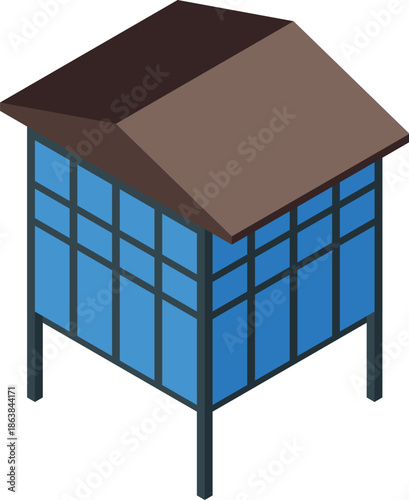 Contemporary bus stop design featuring blue glass walls and a brown roof, presented in an isometric perspective