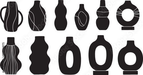 Collection of unique black vases with various designs and shapes