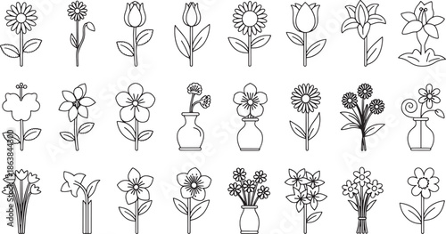 Collection of outline style flower icons and bouquets in vases vector graphic