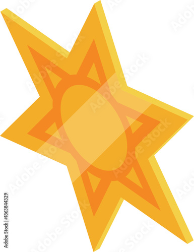 Golden five pointed star with internal geometric design, shining brightly in isometric projection, creating a sense of depth and dimension