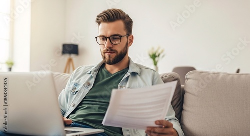 Young man working on laptop and reviewing documents at home in a modern living room with natural light and cozy decor for remote work or study purposes