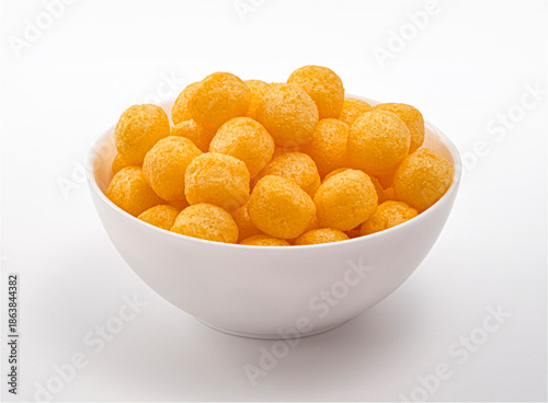 Bild auf Leinwand Crunchy cheese corn puff balls snack in white bowl, full depth of field