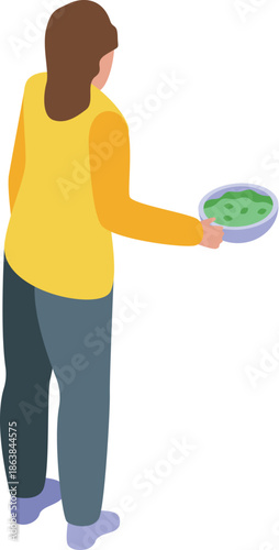 Volunteer offering a bowl of green food, helping people in need with charity work