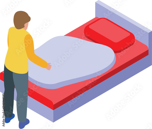 Hotel housekeeper making the bed in a hotel room, changing the sheets, and preparing the room for a new guest