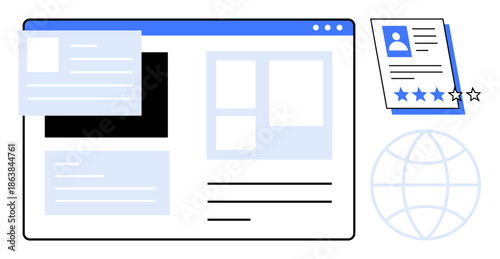 Website layout with floating UI components, profile card with star rating, and a globe outline. Ideal for web development, UXUI design, online reviews, website testing, global networking, digital