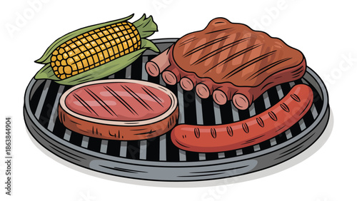 Grilling Delight: A mouthwatering array of grilled culinary delights, featuring a golden ear of corn, tender steak, succulent ribs, and a perfectly cooked sausage. All cooked to perfection. 