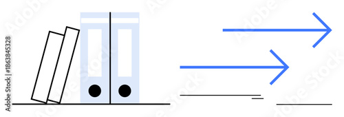Books leaning on folders, paired with arrows suggesting movement. Ideal for productivity, organization, workflow, progress, business efficiency, goal setting or knowledge management. Simple flat
