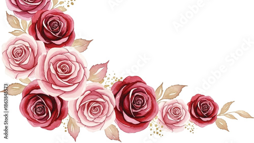 Elegant Watercolor Rose Corner Border with Burgundy and Pink Blossoms on White Background