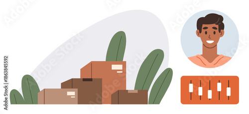 E-commerce, logistics, user interface, delivery, inventory management, customer profile. Stack of cardboard boxes, user profile icon and adjustment controls. E-commerce and logistics concept