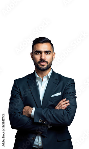 A Latinx male business leader in a tailored blue jacket, his arms crossed confidently as digital financial projections and technology