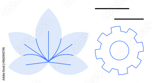 Stylized flower with intersecting lines next to outlined gear and horizontal lines. Ideal for balance, innovation, harmony, sustainability, integration, growth, technology concepts. Minimalist flat