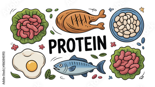 Protein Powerhouse: A vibrant illustration showcases an array of protein-rich foods, including grilled chicken, fish, eggs, and beans, highlighting their vital role in a healthy diet.