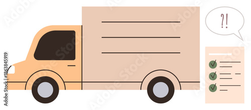 Logistics, transportation, delivery services, task management, shipping, supply chain. Orange truck with checklist and speech bubble. Logistics and transportation concept