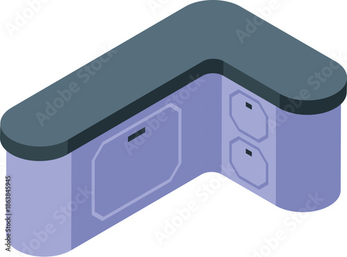 Contemporary kitchen counter featuring electrical outlets and cabinets in an isometric perspective