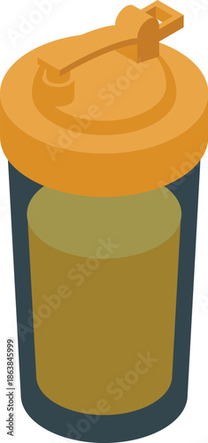 Isometric protein shaker bottle with yellow lid containing protein shake