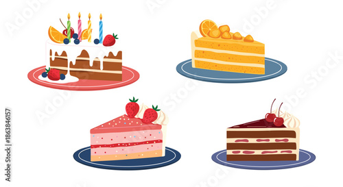 Collection of four different delicious cake slices including chocolate, strawberry, and orange flavors on plates.