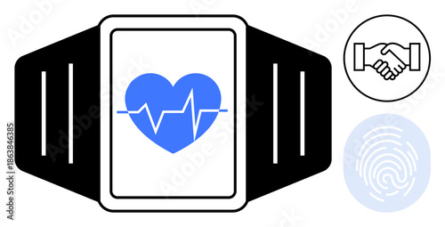 Wearable technology. Innovative wearable technology heart rate monitoring, fingerprint authentication, and a handshake symbol for digital connection. For health, technology, security, wellness