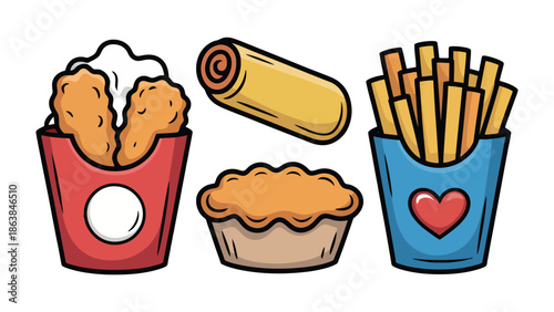 A Feast of Flavors: A vibrant cartoon illustration showcasing an array of delicious and familiar takeaway foods, perfect for satisfying cravings.