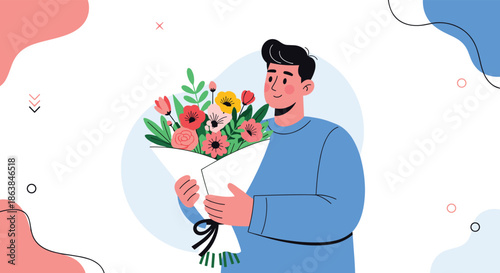 Friendly man wearing a blue sweater holding a large beautiful bouquet of colorful spring flowers in his arms.