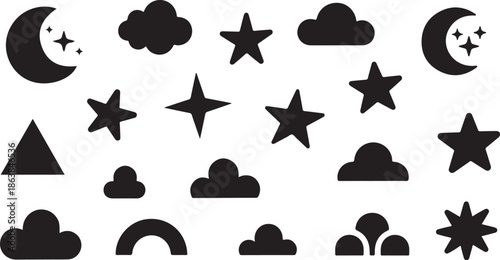 A collection of black celestial and geometric icons on a white background