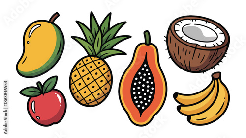 Tropical Paradise: A vibrant ensemble of fresh, colorful fruits bursts with life, inviting a taste of paradise. Each fruit, bursting with nature's bounty, showcases an array of textures, shapes.