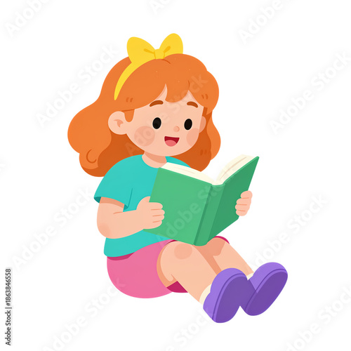 Cute cartoon girl reading a book.
