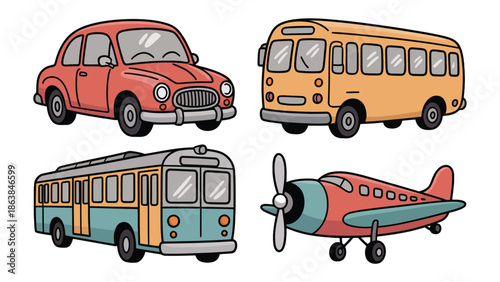Vehicular Variety: A captivating collection of different transports for mobility: Car, Bus, trolleybus, and Plane. Presenting the charm of locomotion, the design of transportation. 